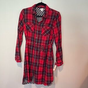 Women’s red, blue, white plaid Merona small button up dress with tie waist.